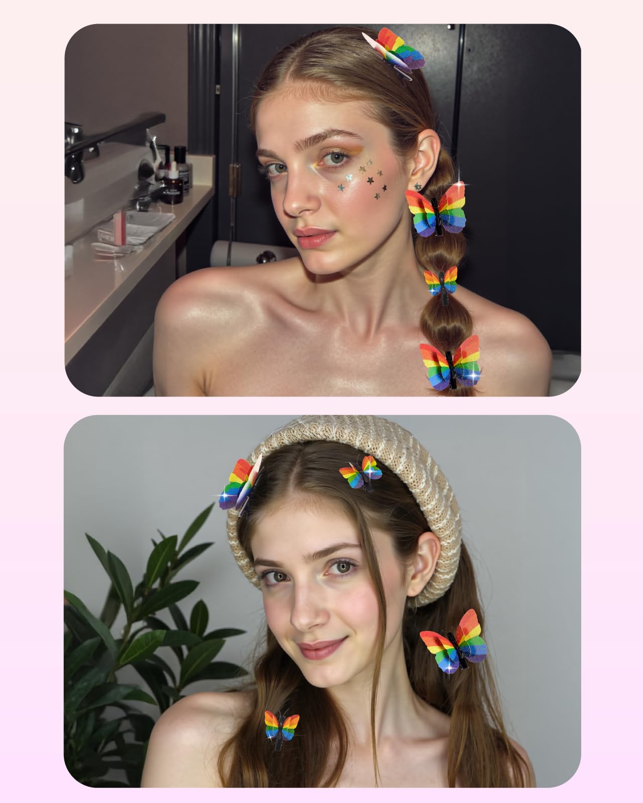 16PCS Pride Rainbow Glitter Butterfly Hair Clips – 8 Large & 8 Small with Foldable Wings for Pride Parade, Rainbow Hair Accessories for LGBTQ Day Celebration Outfit