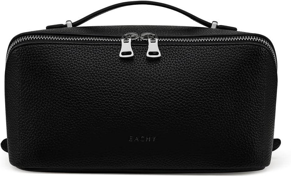 Travel Makeup Bag - Large Capacity Lychee Leather Cosmetic Organizer | Waterproof Toiletry Bag with TPU Brush Compartment