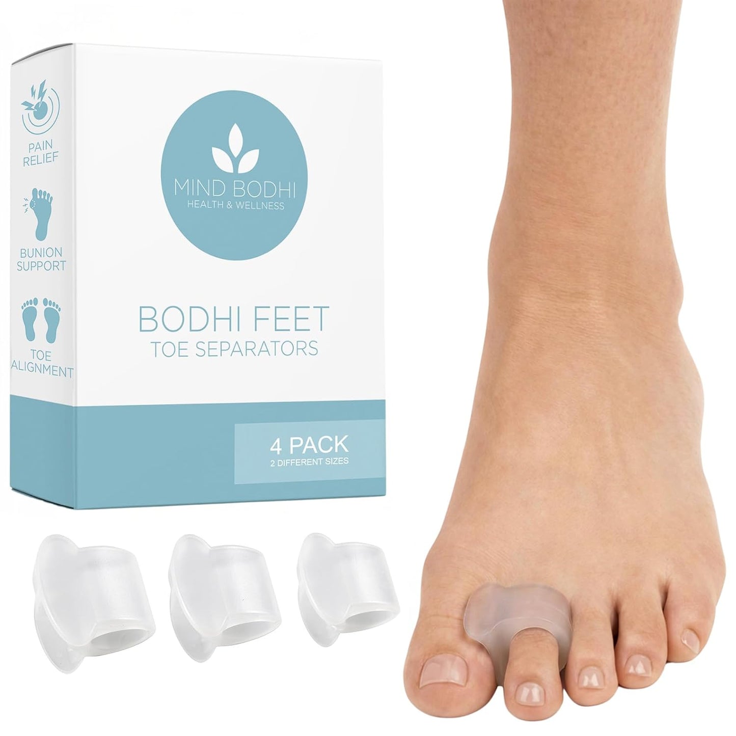 Toe Separators for Bunions - Mind Bodhi 4-Pack Single-Loop Spacers | Clear Design for Men & Women