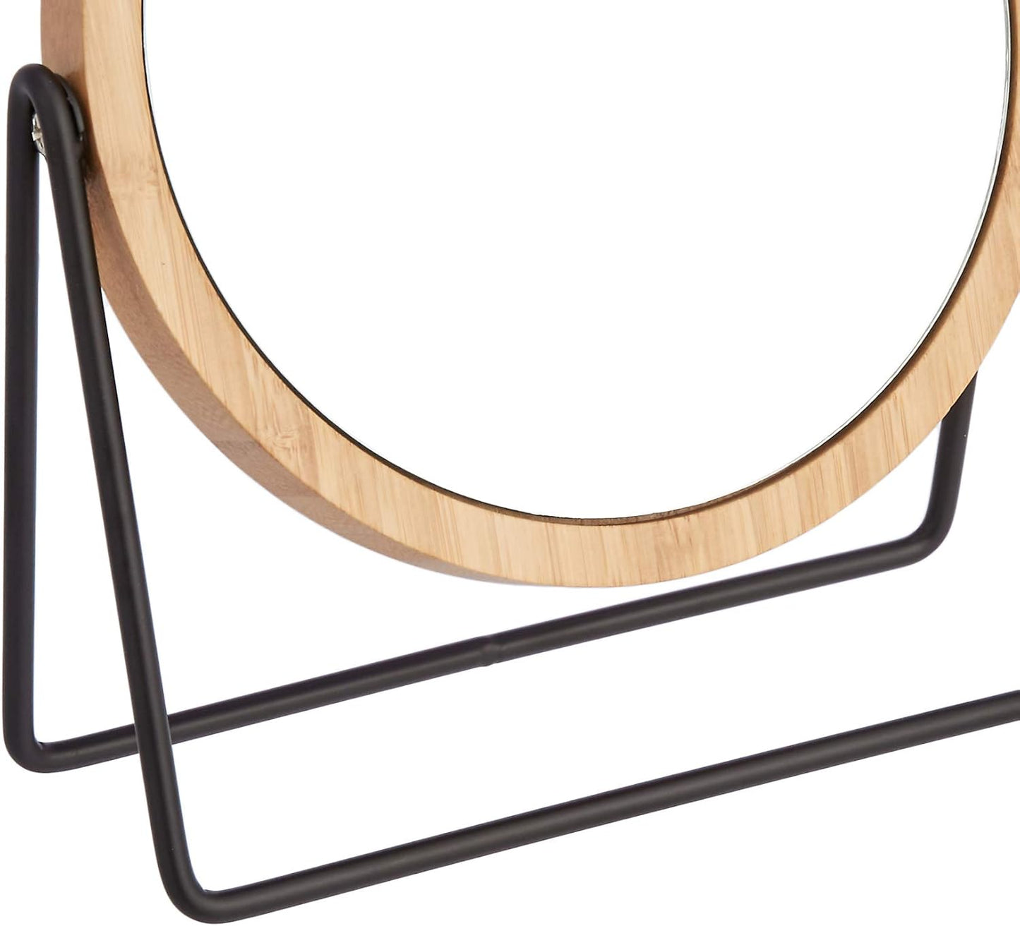 Round Tabletop Vanity Mirror - Double-Sided Magnifying, 360° Rotation | Bamboo Rim, Black, 7.2'' x 2.87''