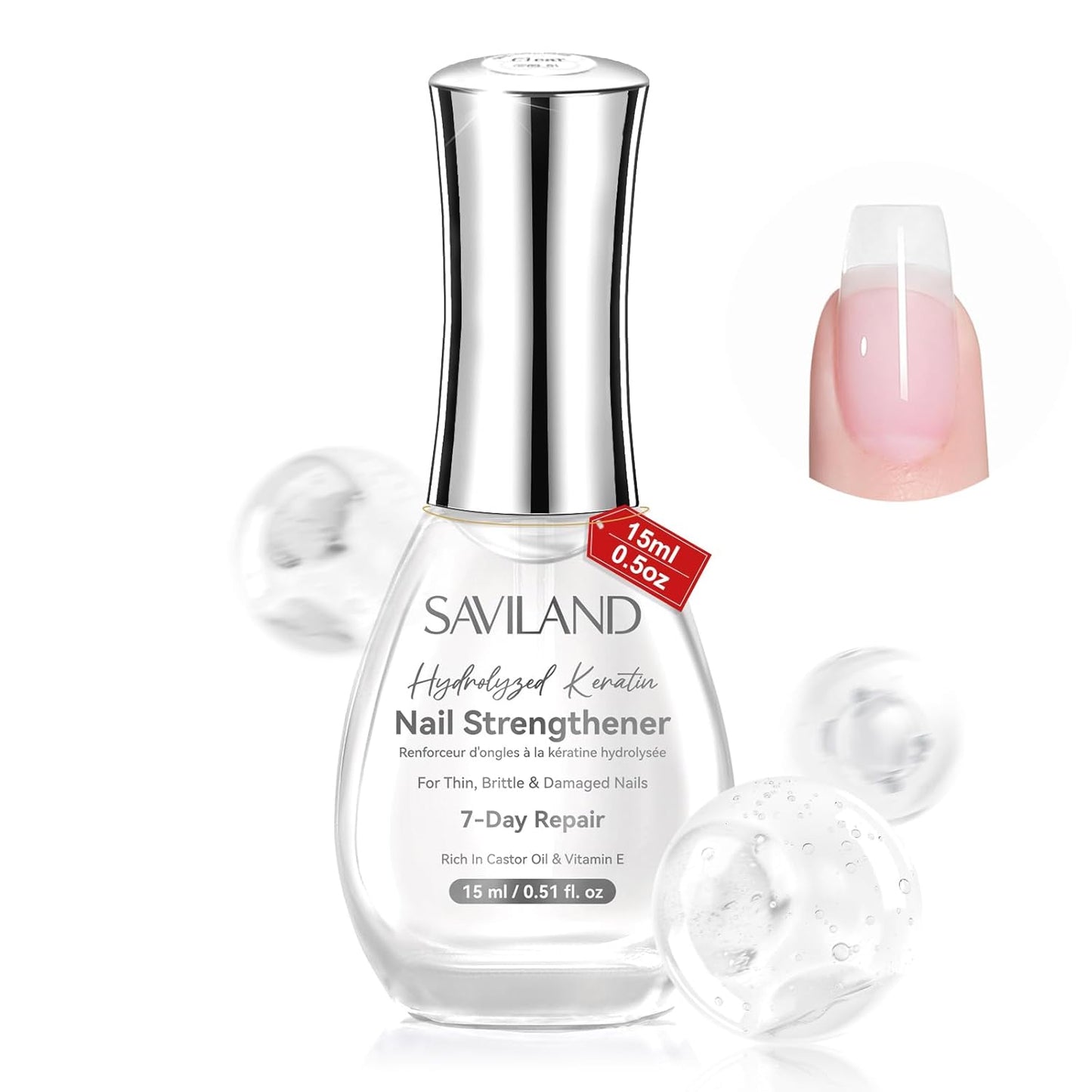 SAVILAND Clear Nail Strengthener - Fast-Drying Natural Growth Treatment | 15ml Castor Oil & Vitamin E for Weak Nails