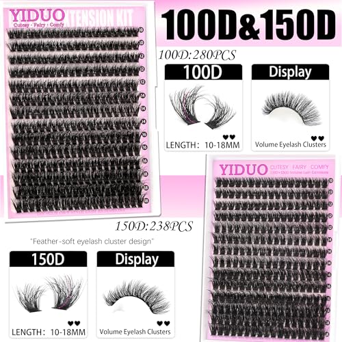 YIDUO 4 Styles Lash Clusters Kit 60D+80D+100D+150D Volume Clusters Lashes Extensions Kit with 2 X Bond and Seal 10-18mm Wispy D Curvature Full Individual Eyelash Extensions Kit DIY at Home Easily
