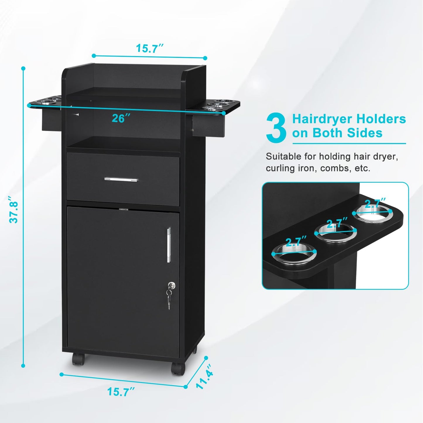 Winado Beauty Salon Trolley Cart, Salon Cabinet with 360° Wheels, 6 Tool Holders, 1 Drawer, Salon Station Rolling Cart for Hair Stylist Beauty Spa Barbershop, Black