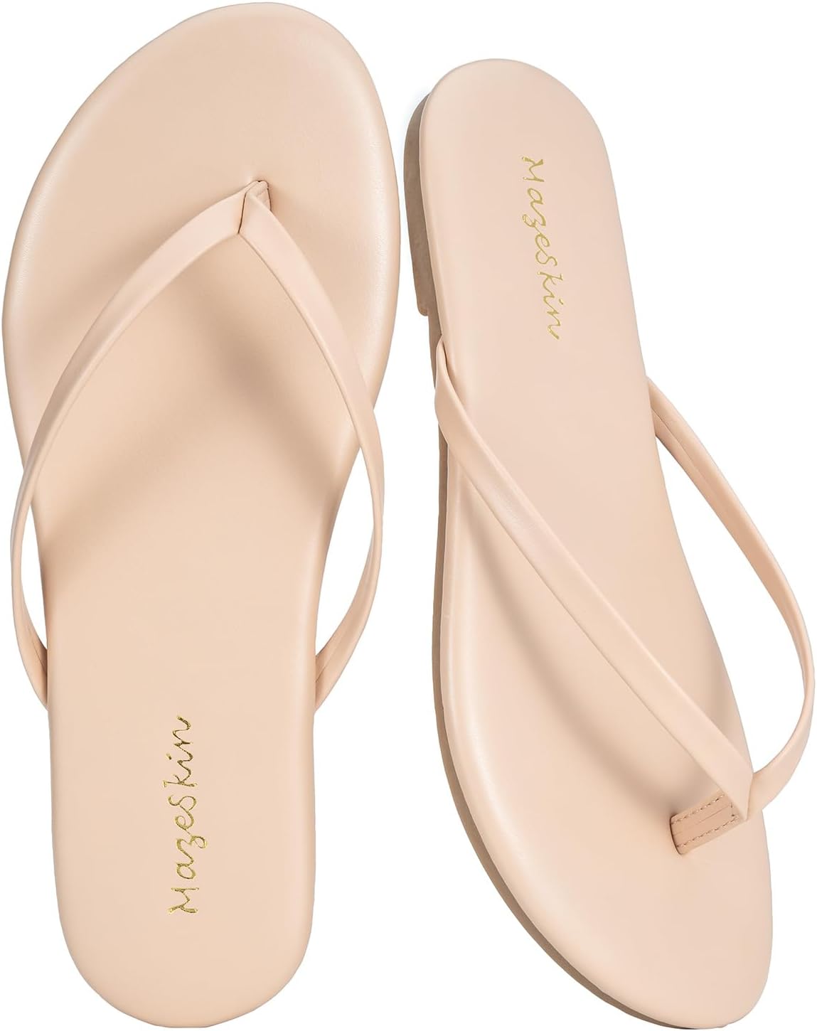 Mazeskin Women's Memory Foam Flat Thong Sandals - Comfortable Leather Slide Flip Flops for Summer Beach