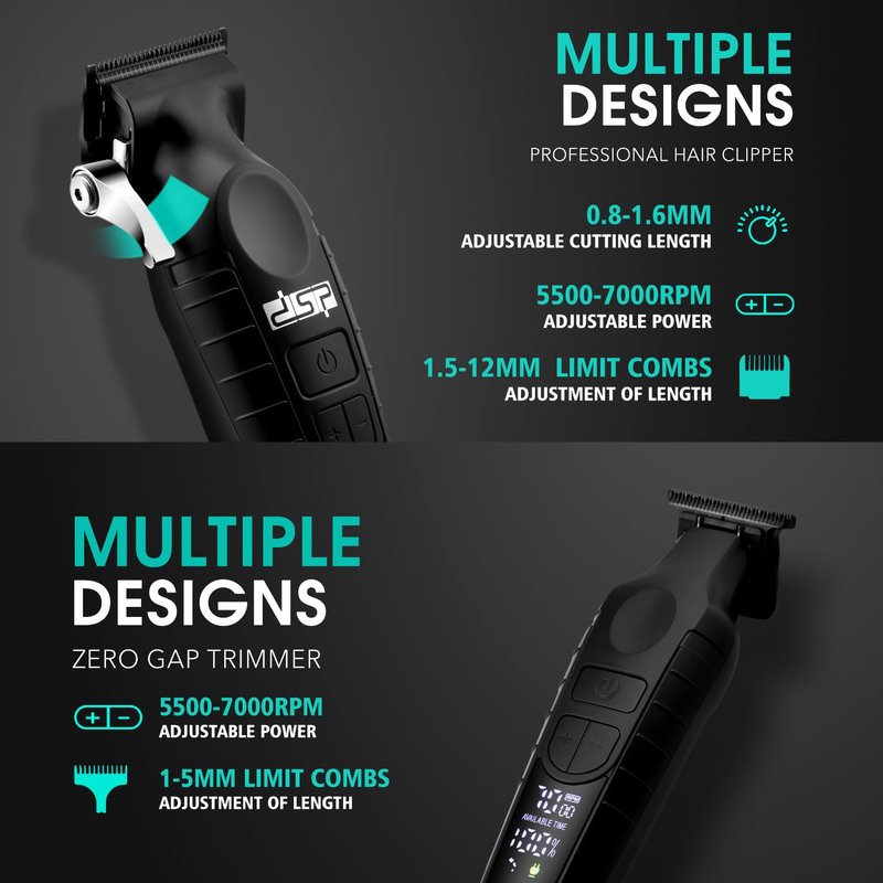 DSP Professional Hair Clippers Set for Men, Cordless Barber Clipper Beard Trimmer DLC, USB Rechargeable, Speeds Adjustable, Travel Lock, Low Noise with Charging Base