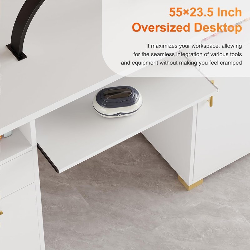 White Nail Desk for Nail Tech | 55-Inch Manicure Table with 2 Drawers & Adjustable Shelf - Elegant White & Gold Design