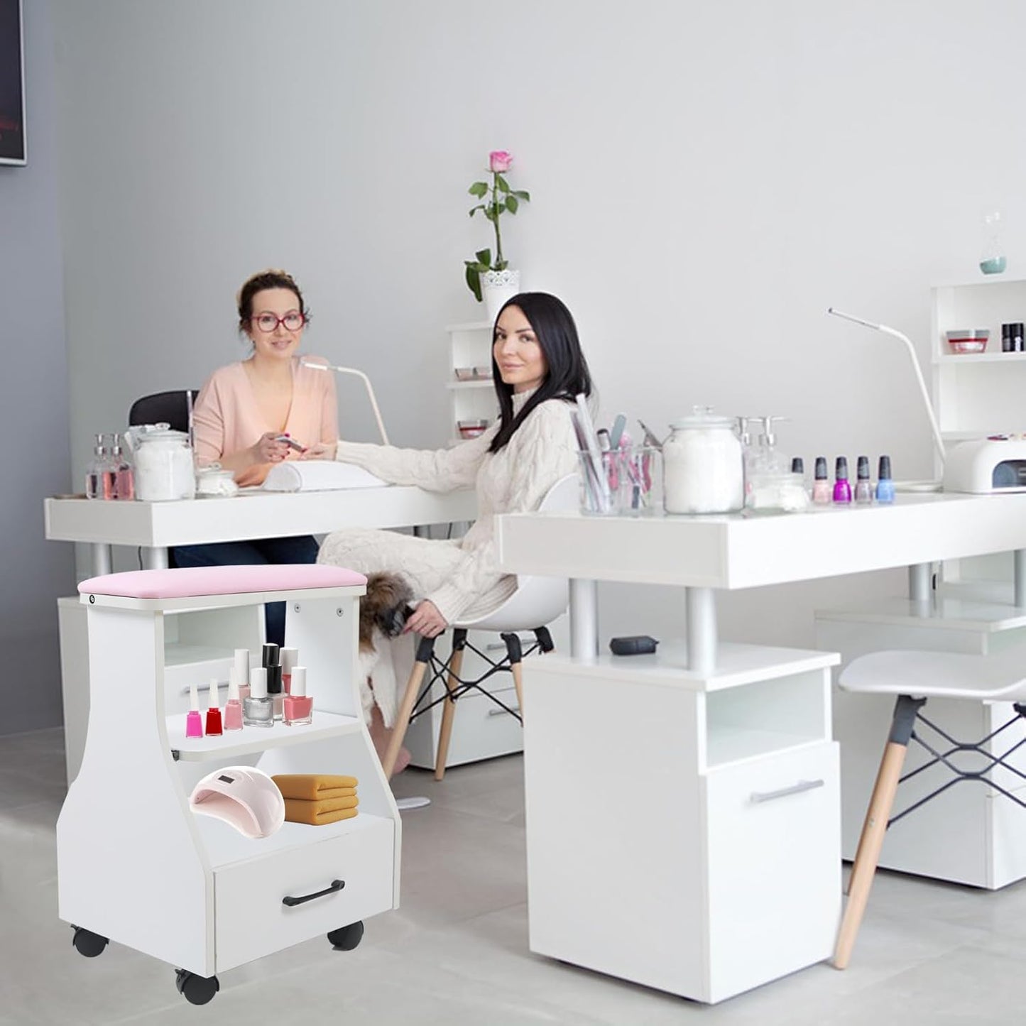 Portable Pedicure Foot Rest - Mobile Spa Stool with Wheels | Pink Trolley for Nail Techs & Beauty Salons