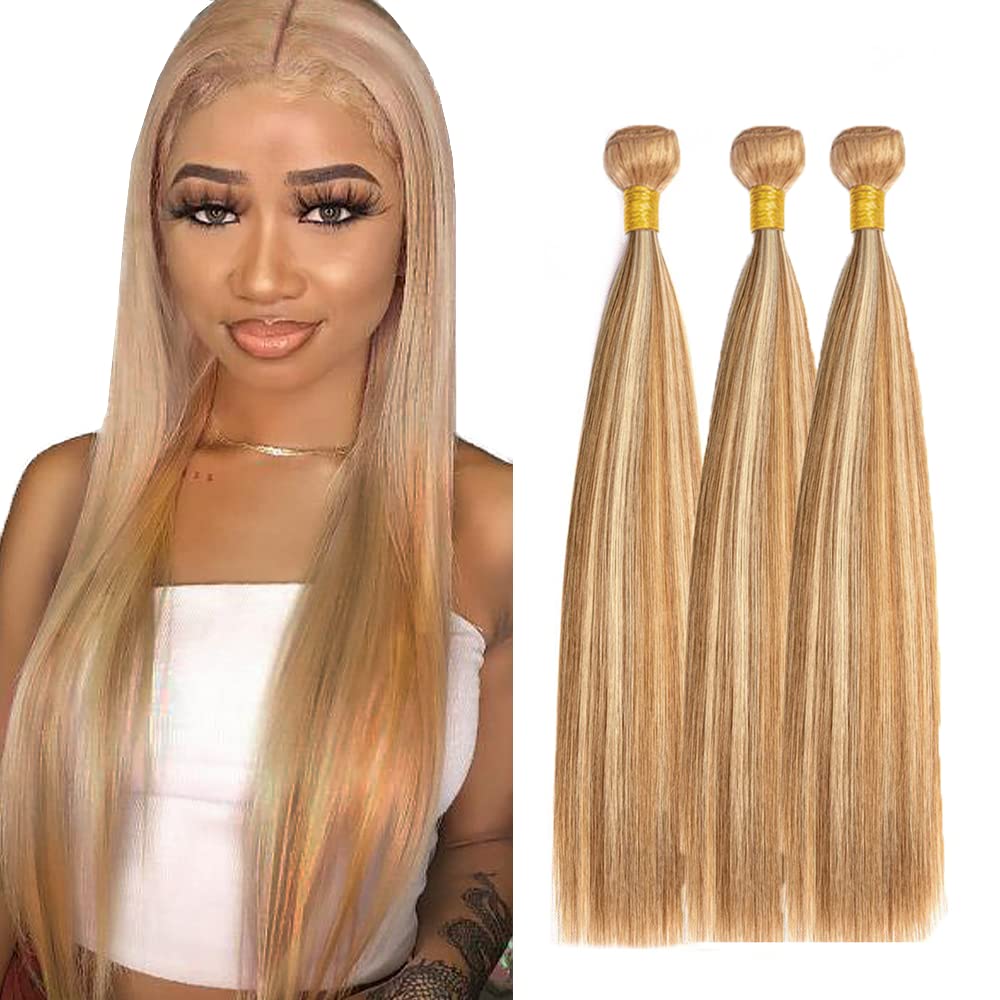 P27/613 Honey Blonde Bundles Human Hair Straight Bundles 24 26 28 Inch Highlight Blonde Unprocessed Brazilian Virgin Hair 3 Bundle Deals Quick Weave Hair Extensions 50 Gram Per Bundle