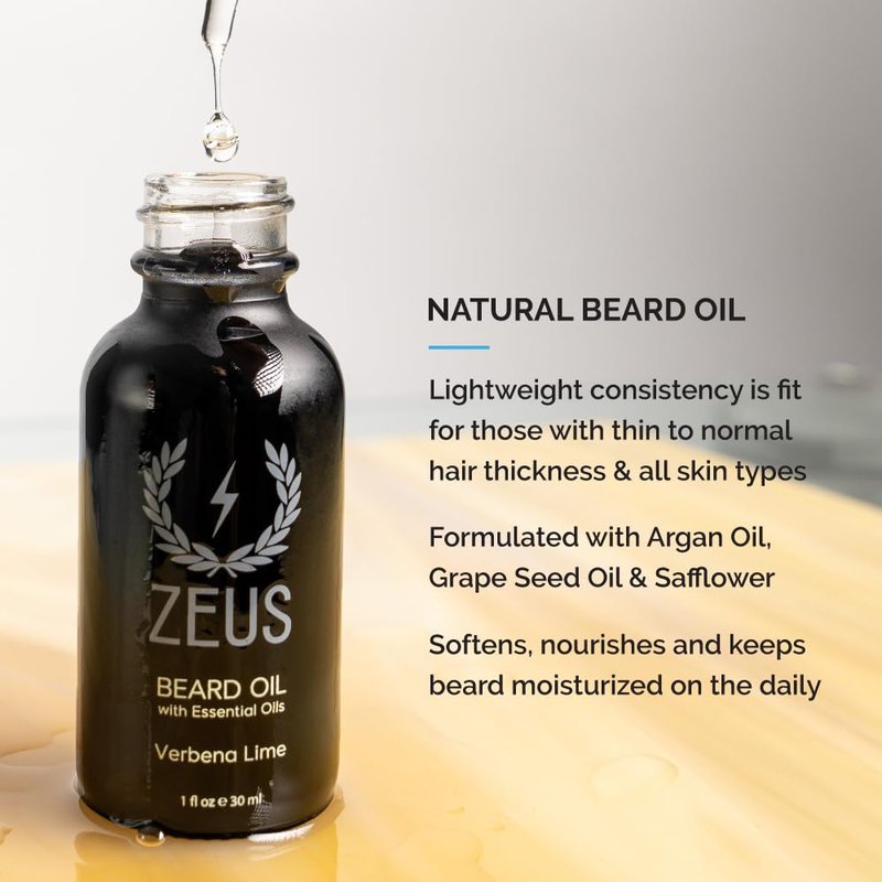ZEUS Everyday Beard Kit for Men, Facial Hair Shampoo, Conditioner, Oil, Balm & Tin Gift Box, Premium Father's Day Beard Care & Grooming Set (Made in USA) Verbena Lime