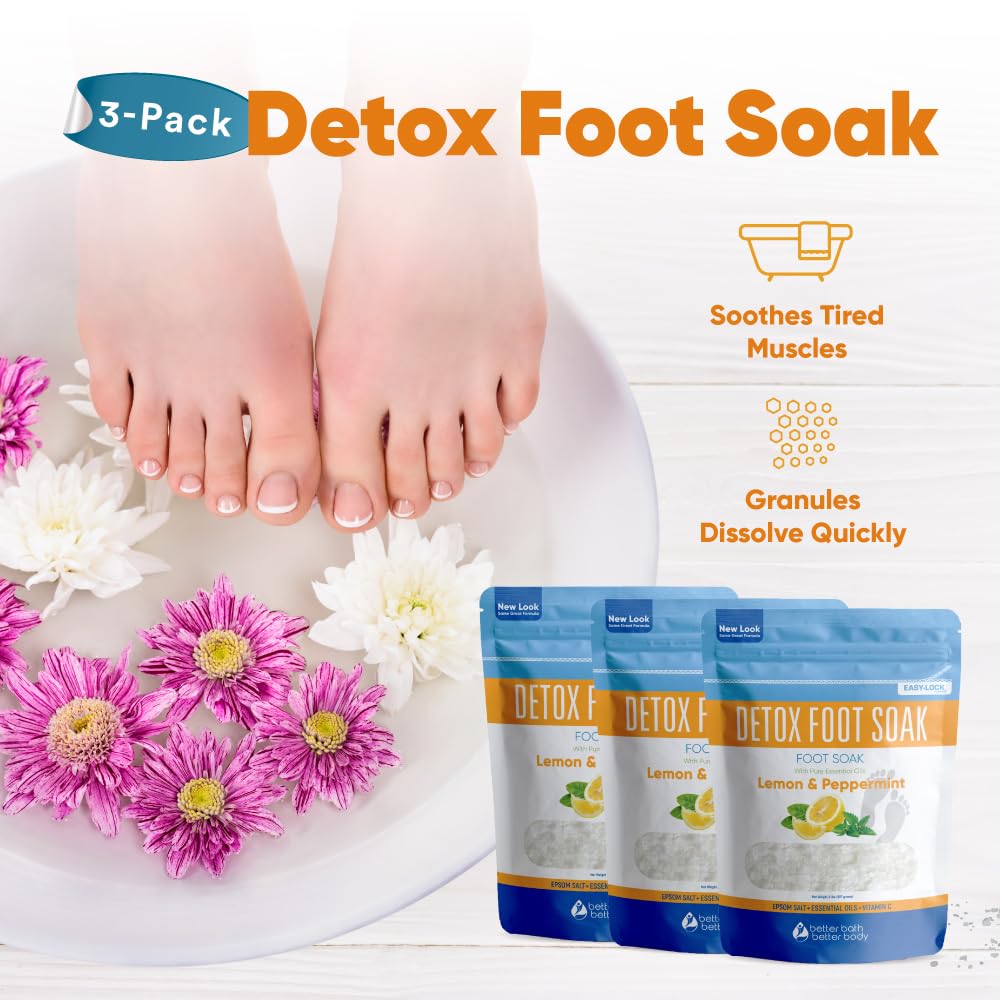 Detox Foot Soak (3 Pack) Epsom Salt Soothing Soaks and Athlete's Foot Detox with Essential Oils in BPA Free Pouch with Press Lock Seal (Bundle with Three 2 Lbs Pouches 6 Lbs Total)
