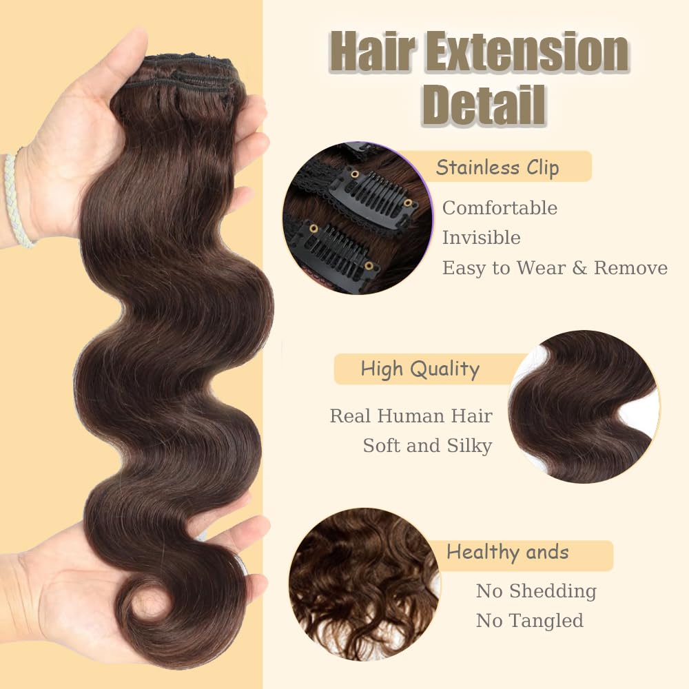 #4 Brown Clip in Hair Extensions Real Human Hair,18 Inch 120g/7Pcs,Full Shine Dark Brown Remy Human Hair,Chocolate Brown Body Wave Clip ins Brazilian Hair Extensions
