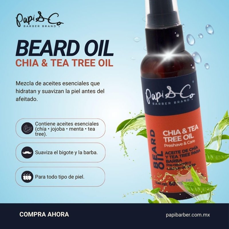 Papi & Co. Pre Shave Beard Oil with Chia & Tea Tree Oil - Moisturizing Preshave for Men - Softens Beard & Skin - Helps Razor Glide Smoothly - Beard Grooming Oil for a Comfortable Shave - 2 Oz