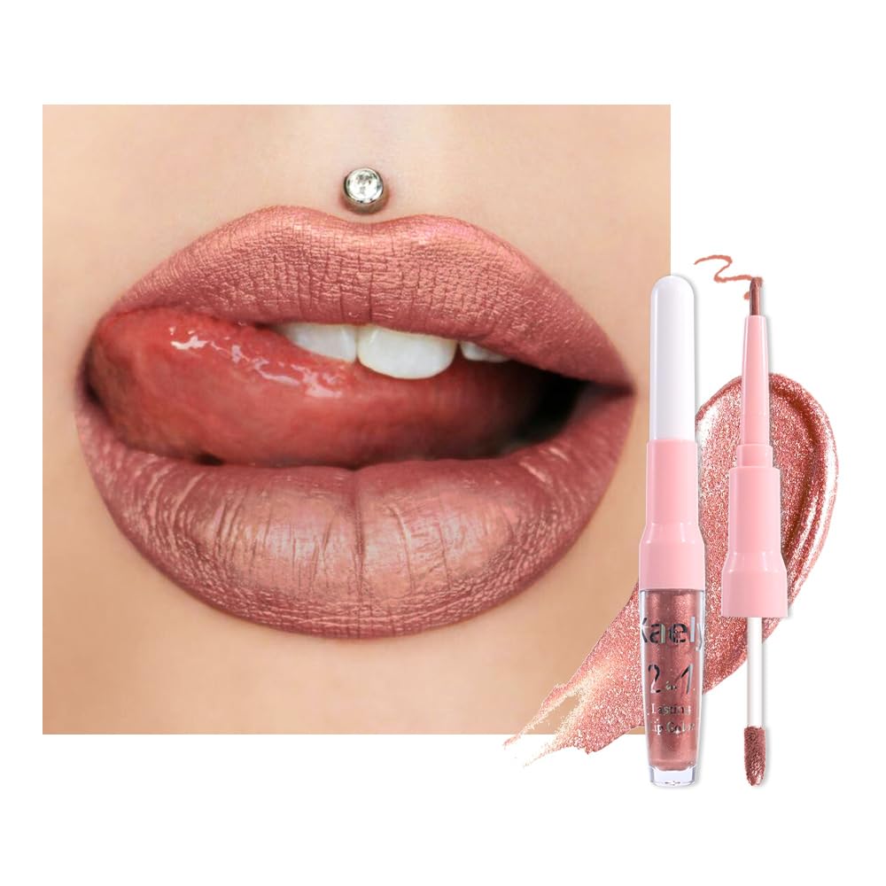 Dark Purple Red Metallic Glitter Lip Liner & Lipstick Combo - Long Lasting Waterproof Liquid Lipstick Set for Women | Iridescent Shine, Non-Stick Cup