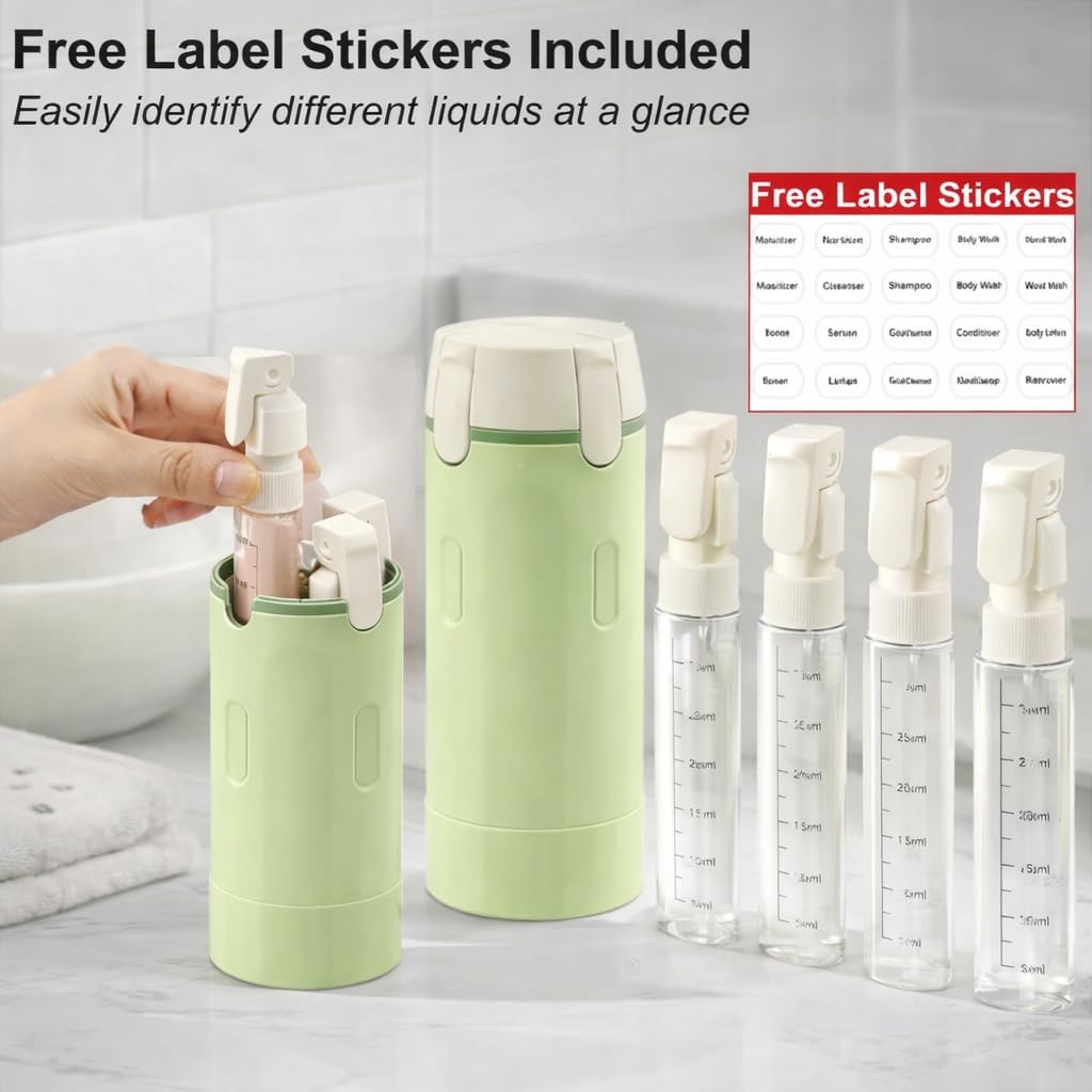 Travel Bottles for Toiletries - 4-in-1 Leak-Proof Pump Dispenser | Compact No-Spill Containers (Green)
