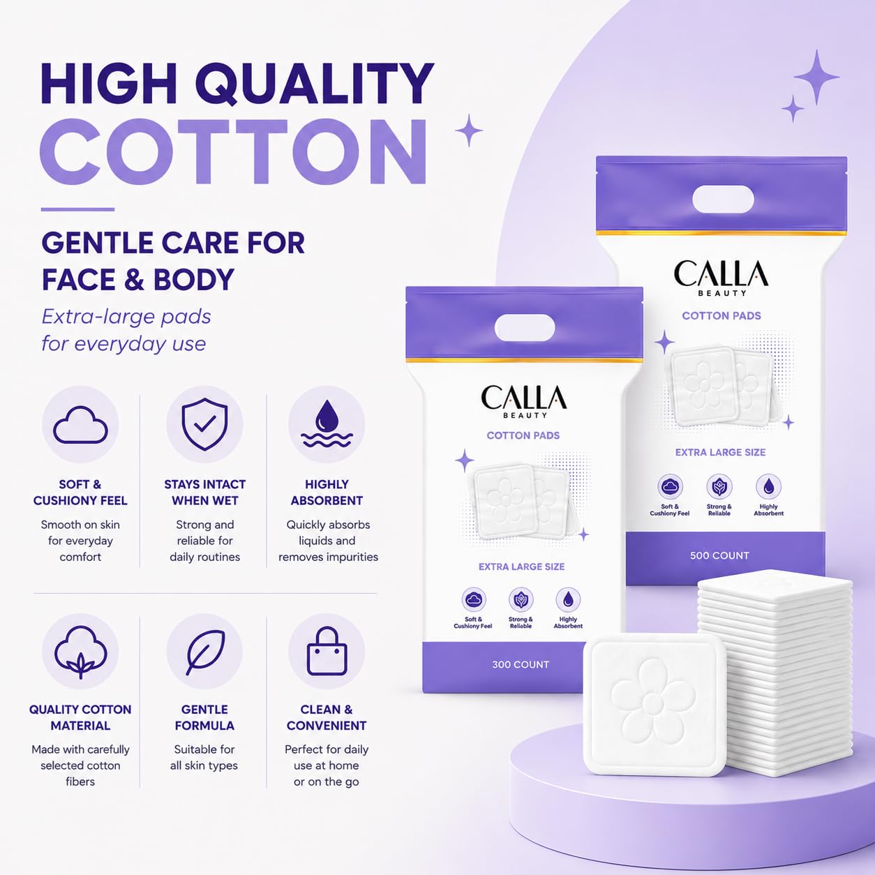 CALLA BEAUTY Velvet XL Cotton Pads, 300 Counts (250 + 50 Extra) - Premium Spunlace Technology - Large, Ultra Soft Square Pads for Makeup Removal, Toner, Nail, Lint-Free & Absorbent for Face & Body