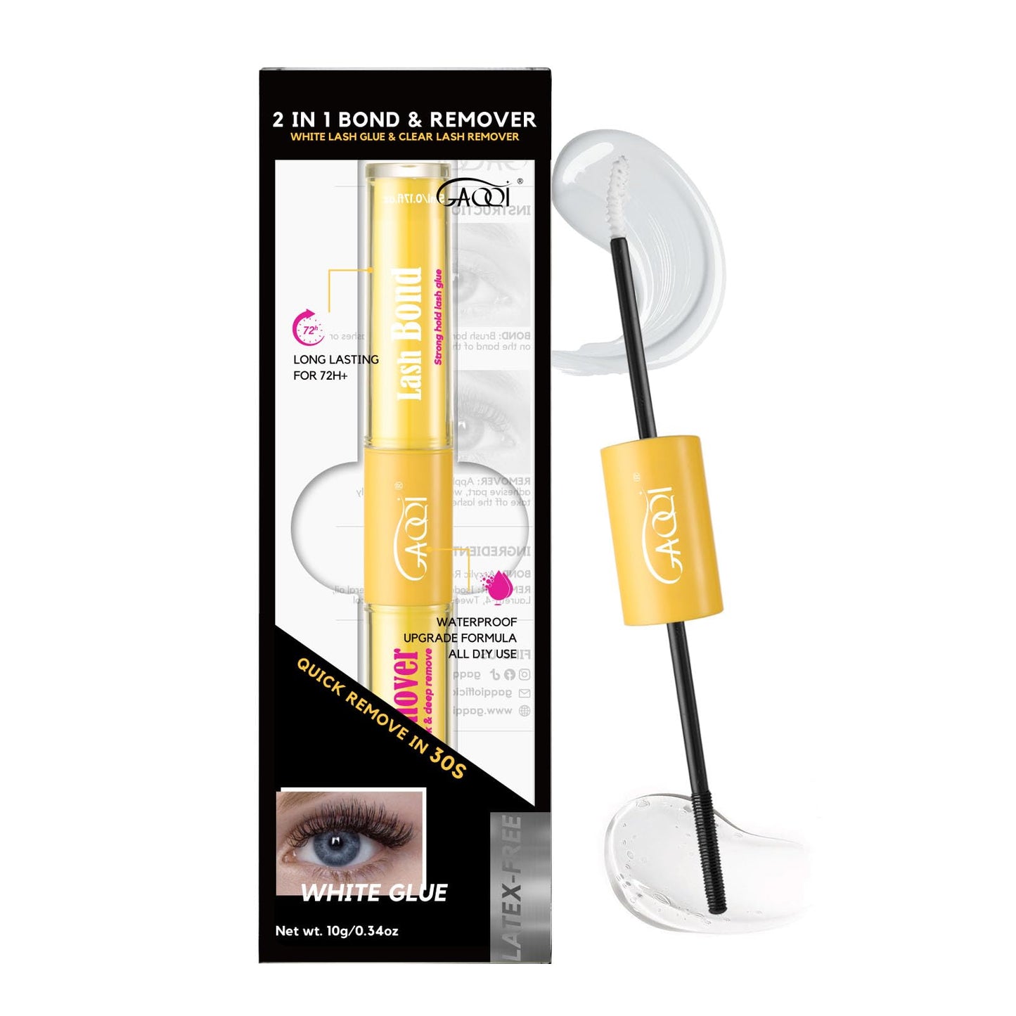 GAQQI Lash Bond and Remover, Lash Cluster Glue Waterproof Strong Hold for 72H+, White Eyelash Glue for DIY Eyelash Extensions, Long-Lasting & Gentle Formula, 10ml