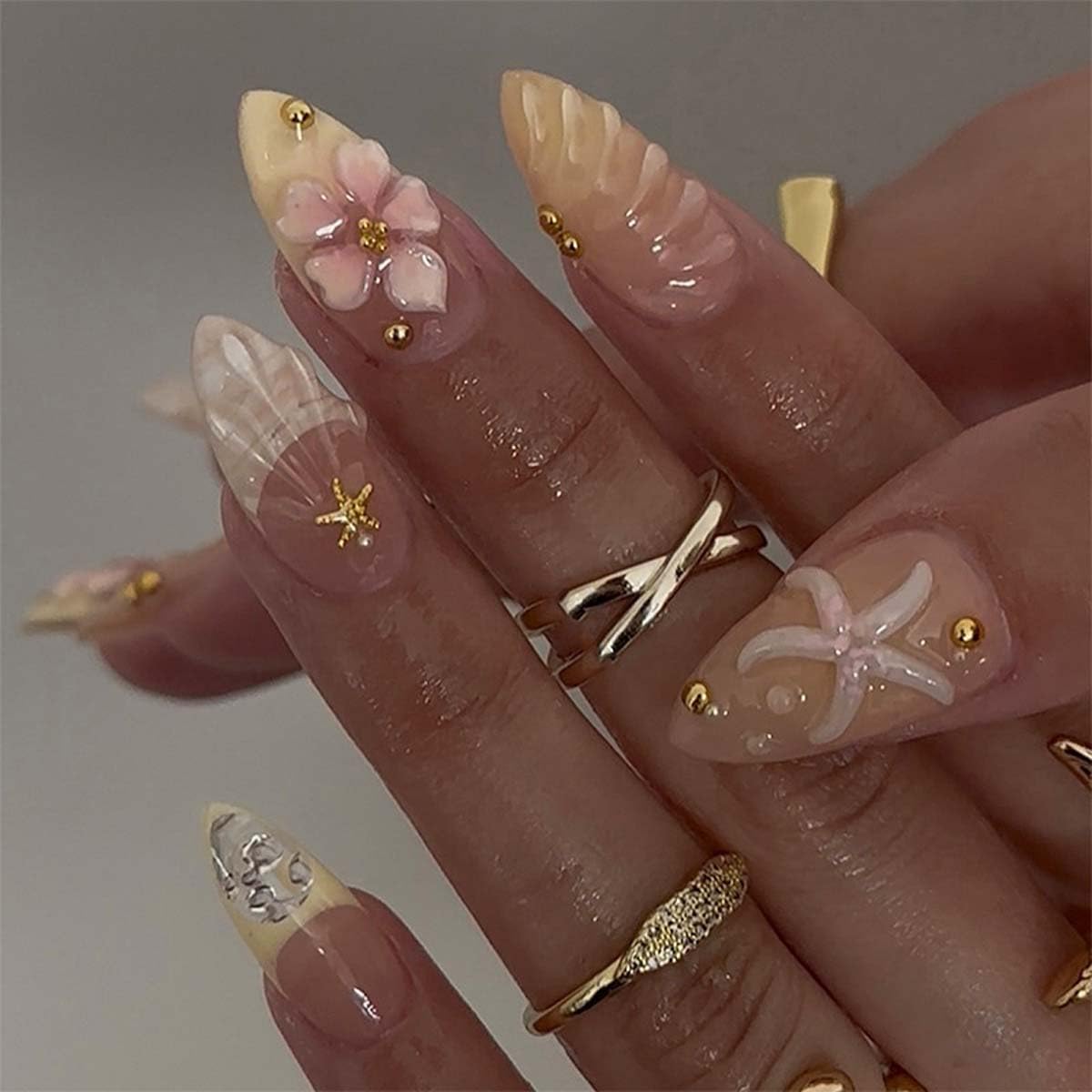 Almond Yellow French Tip Press-On Nails - Ladybug & Green Leaves Design | Reusable Full Cover 24 Pcs for Spring/Summer Manicure