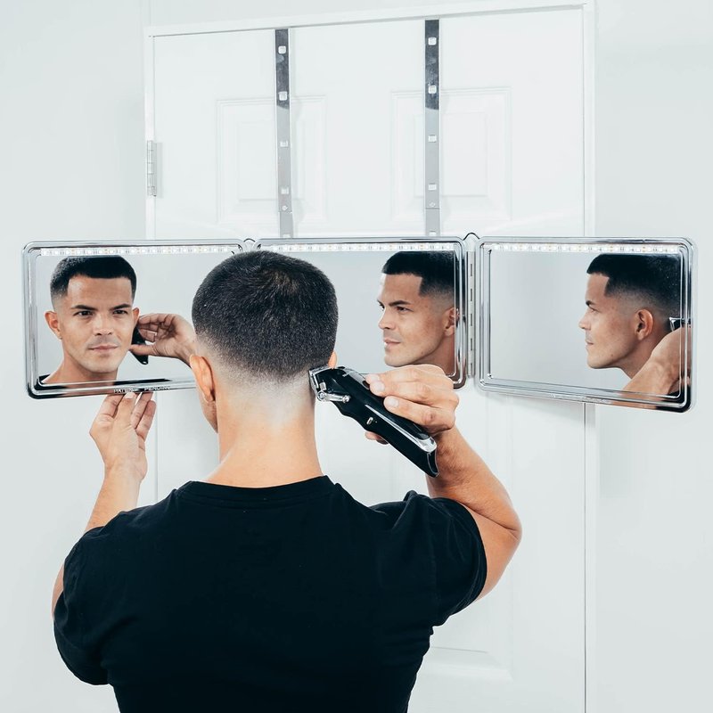 3-Way Mirror Self-Cut System - 360° Portable Trifold Mirror with Rechargeable LED Lights | Adjustable Hooks, Foldable Design, Black