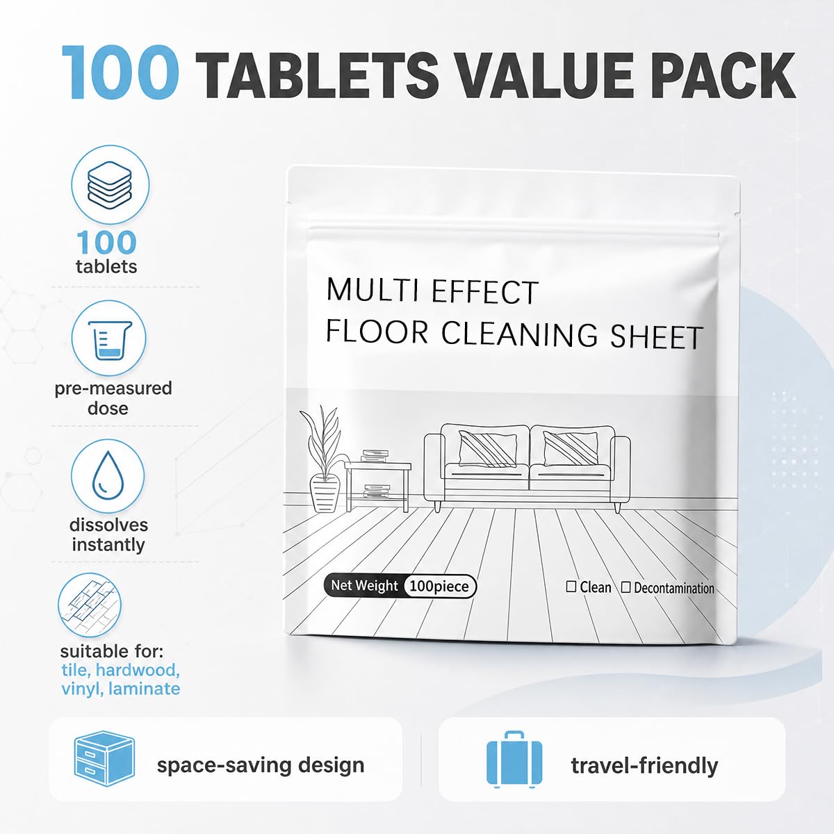 100pcs Multi-Surface floor cleaning tablets, multiple effect the floor clean, Water Soluble Floor Cleaner for Mopping for Hardwood, Laminate Floors, Wall Tiles, Glass