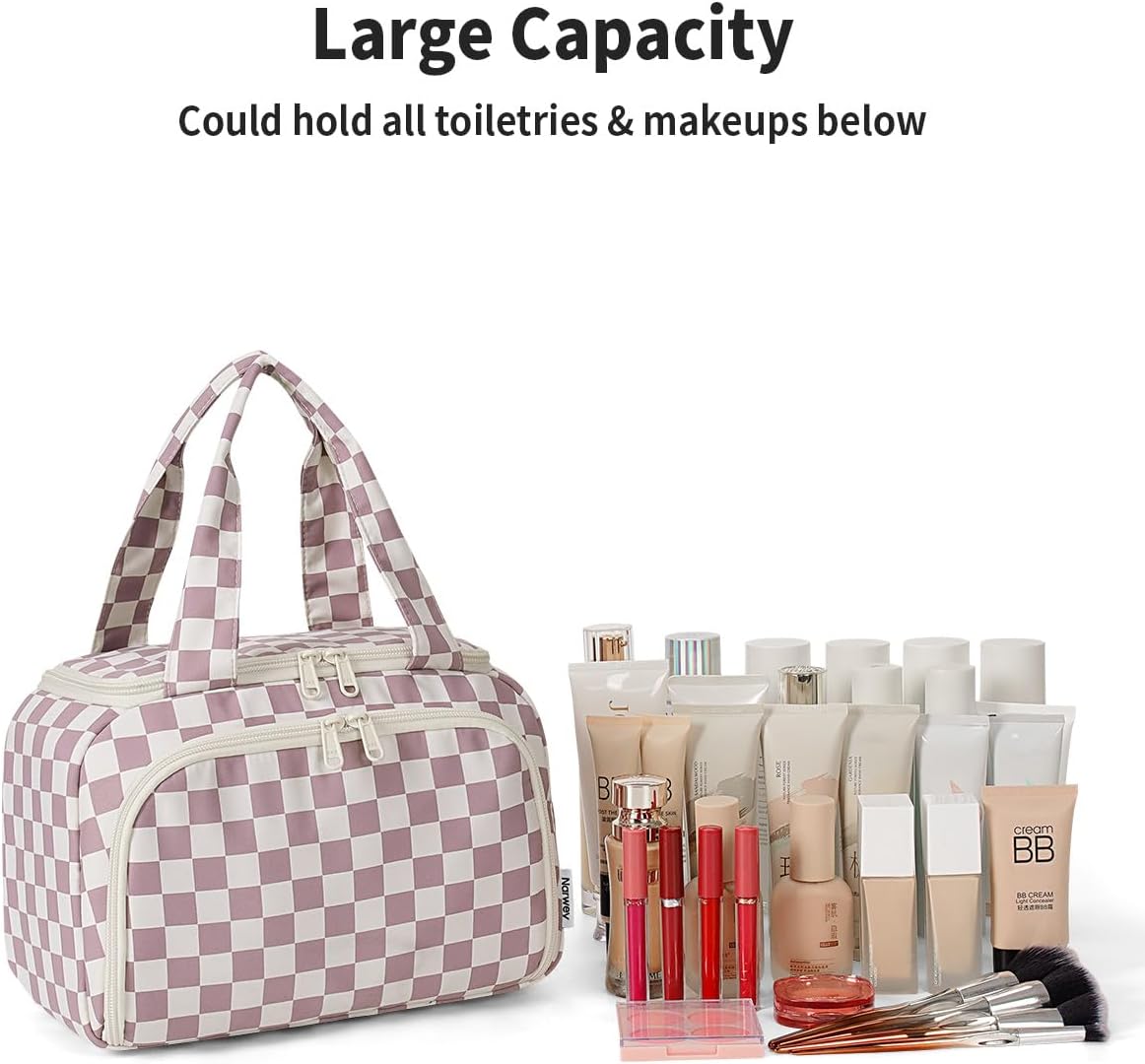Checkered Travel Toiletry Bag for Women - Large Makeup Organizer with Handle | Dusty Pink Checkerboard