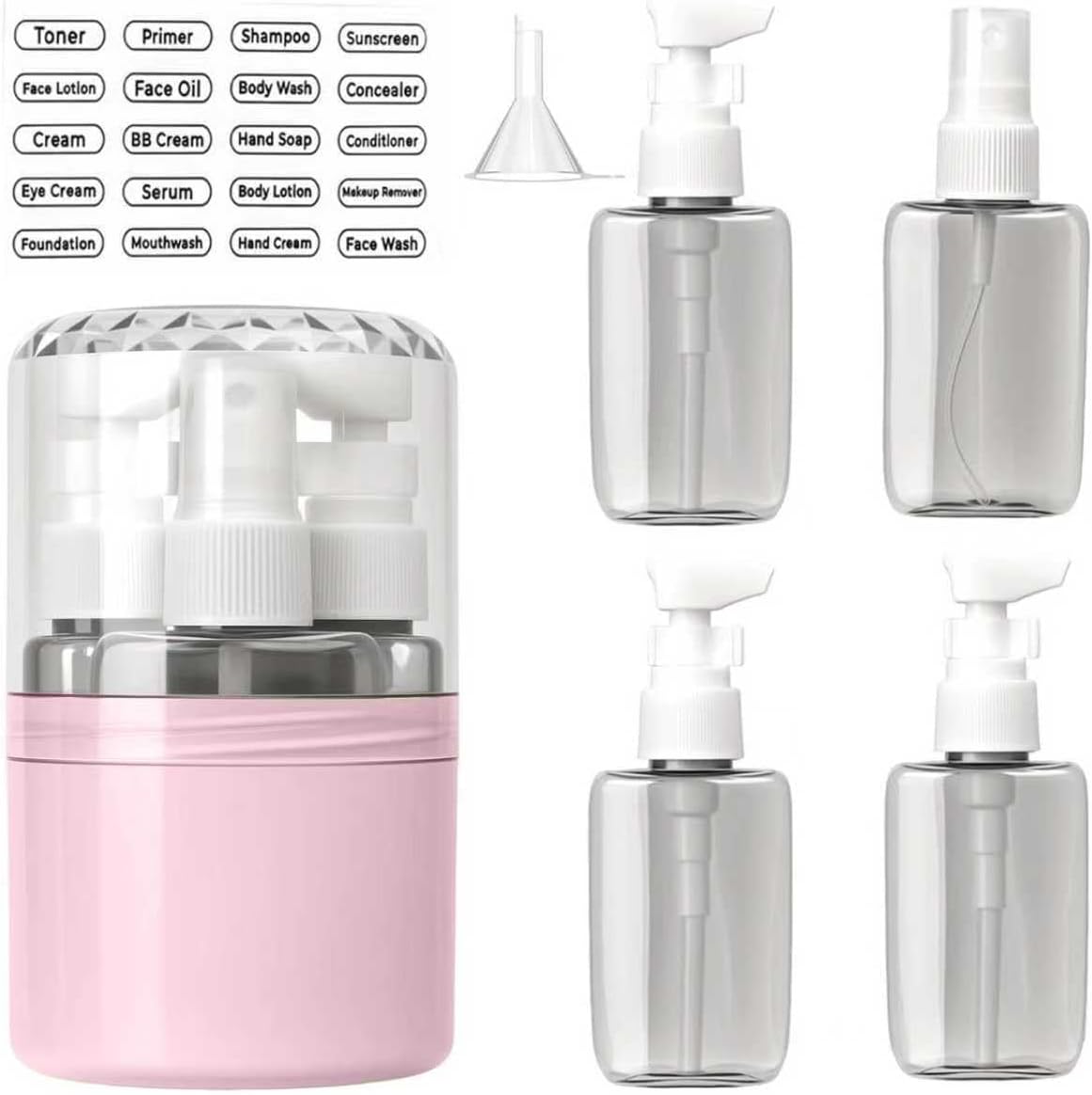 Travel Dispenser Bottle Set - 4 In 1 Refillable No Spill Design | Compact & Space Saving for Vacation or Business Trip (Pink)