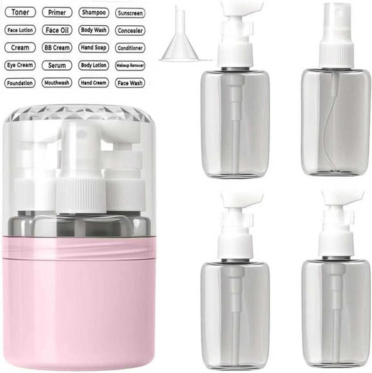 Travel Dispenser Bottle Set - 4 In 1 Refillable No Spill Design | Compact & Space Saving for Vacation or Business Trip (Pink)