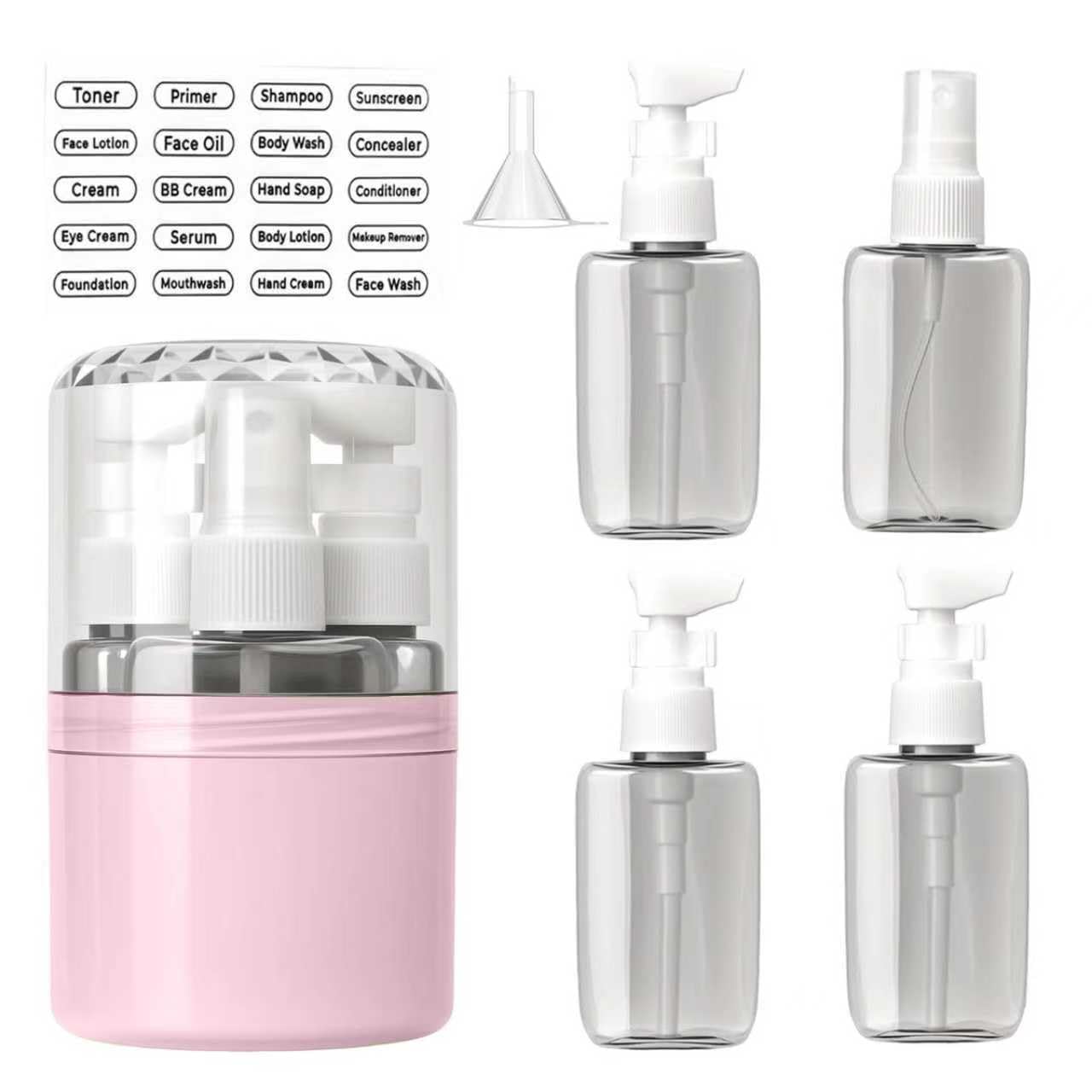 Xkingpreo 4 In 1 Travel Dispenser Bottle Refillable, Travel Bottles No Spill Space Saving Compact, For Vacation Business Trip, With Scale, English Label (Pink,4-1)