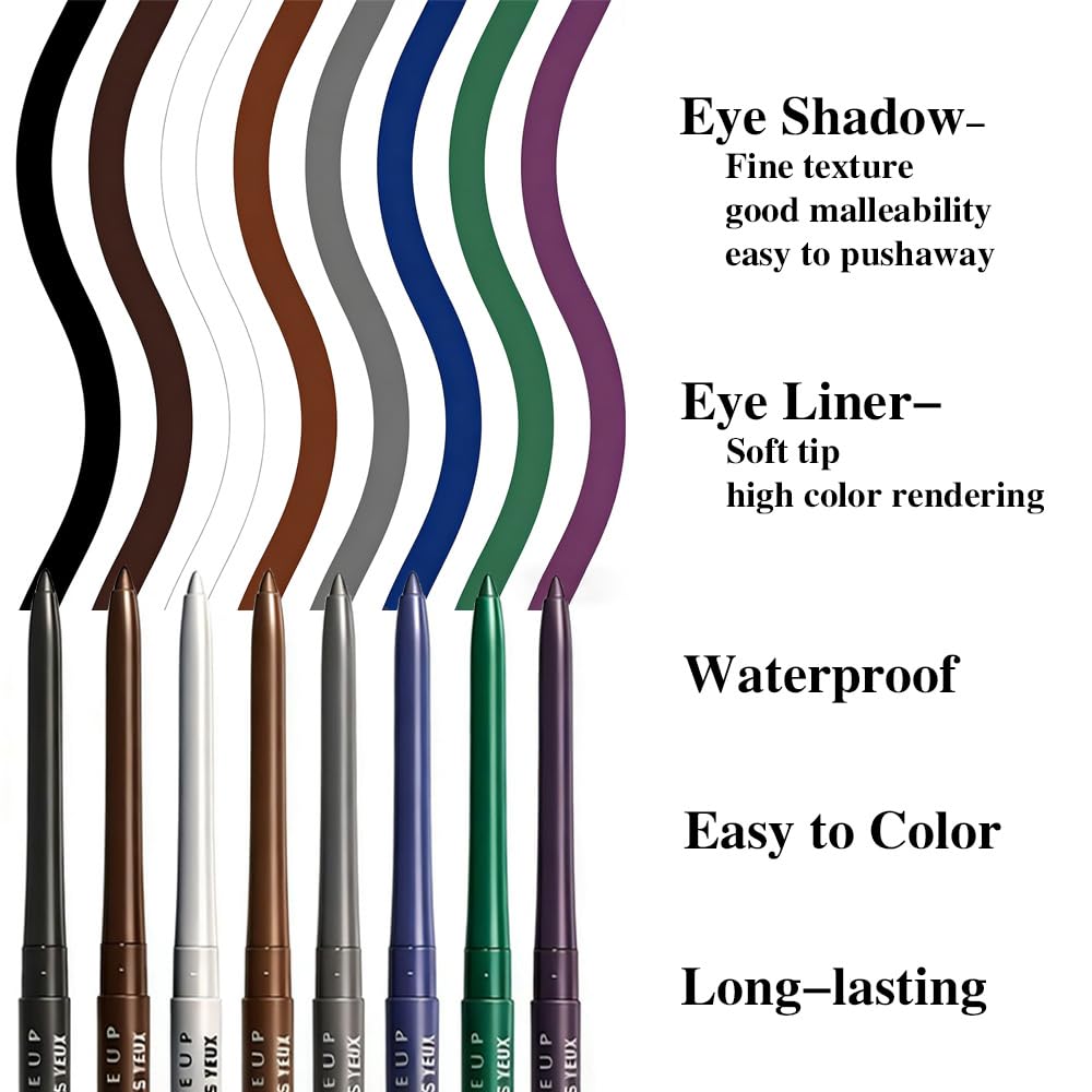 Retractable Creamy Eyeliner & Eyeshadow Sticks - Ultra Pigmented Matte Finish | 4 Pcs in Black, White, Brown, Blue, Purple, Green, Gray