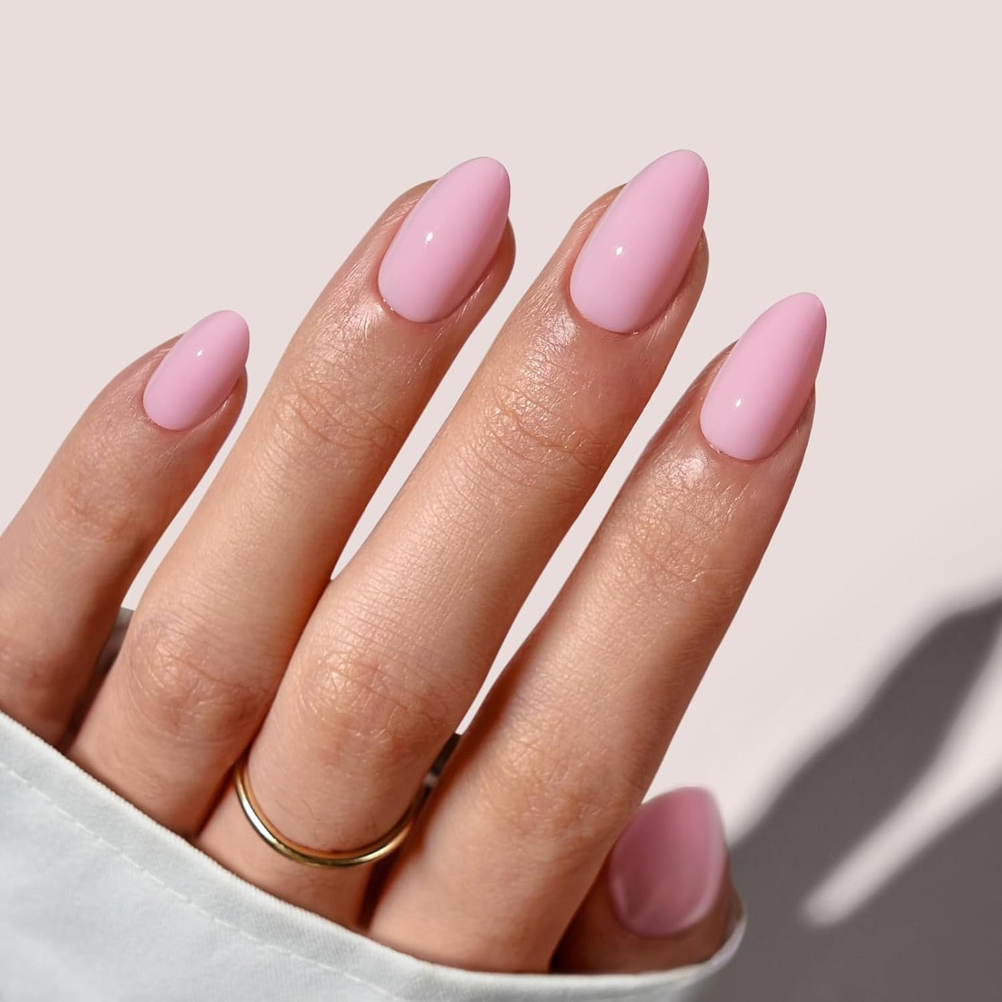 Press On Nails - Almond Shape Pastel Baby Pink Short Nails | Opaque Soft Gel, 32-Piece Kit in 16 Sizes