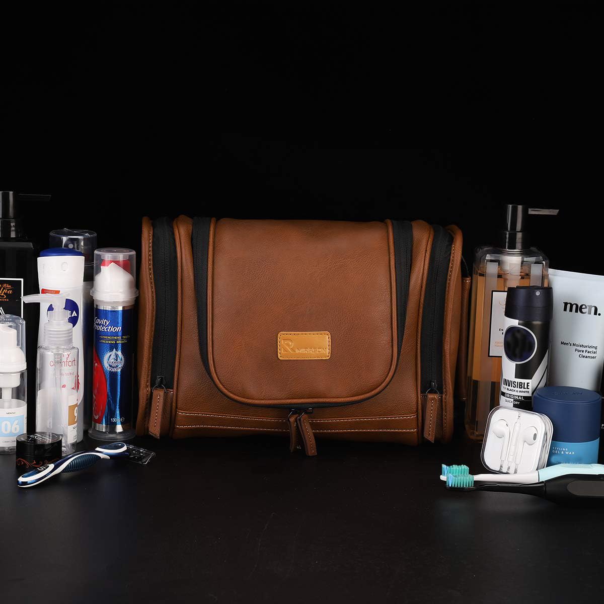Travel Toiletry Bag - Hanging Leather Dopp Kit for Men | Brown Shower Organizer with Metal Hook