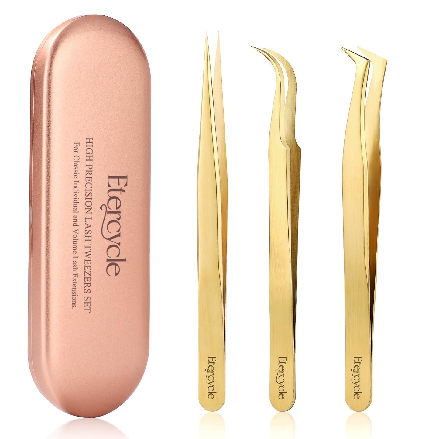 3 PCS Eyelash Tweezers, High Precision Stainless Steel Lash Tweezers Set for Classic Individual Volume Lash Eyelash Extensions with Box