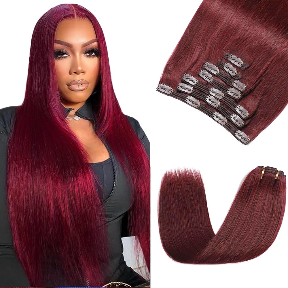 #99J Burgundy Clip in Hair Extensions, 30 Inch 120g/7Pcs,Full Shine Remy Human Hair,Wine Red Straight Clip ins Brazilian Virgin Human Hair Extensions