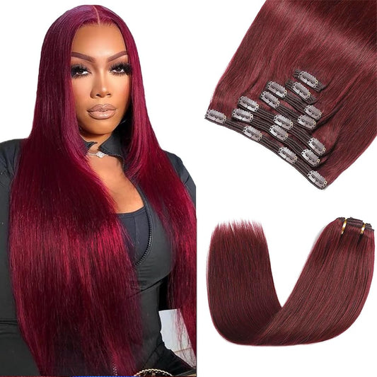 #99J Burgundy Clip in Hair Extensions, 30 Inch 120g/7Pcs,Full Shine Remy Human Hair,Wine Red Straight Clip ins Brazilian Virgin Human Hair Extensions