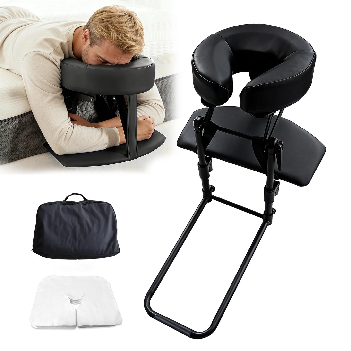 ErgoHolder Massage Headrest for Bed, Portable Home Use Massage Table Face Cradle Kit for Sleeping Mattress, Face Down Pillow After Eye Surgery with Handrest Storage Bag & Disposable Headrest Covers