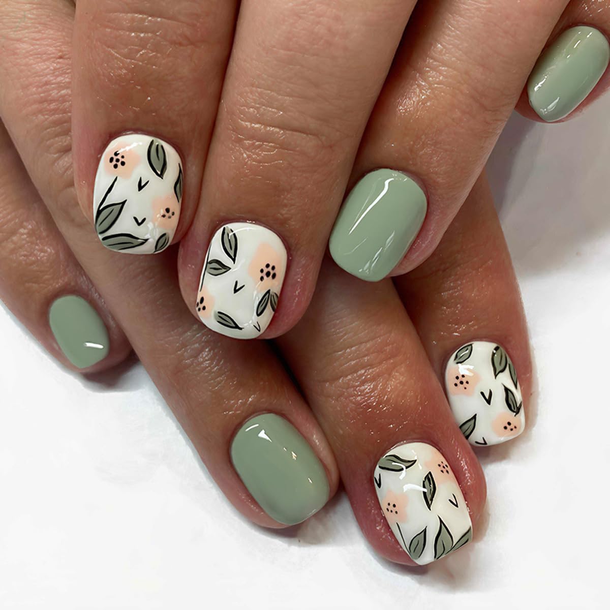 Almond Press-On Nails - Leaf Design Green Full Cover Glossy Fake Nails | 24PCS for Women