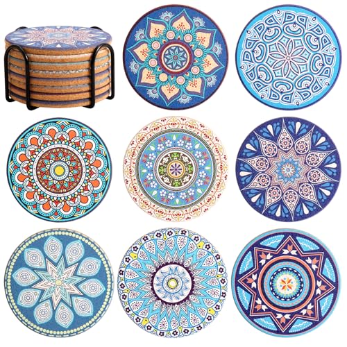 Set of 8 Colorful Boho Cork Coasters with Metal Holder - 4 Inch