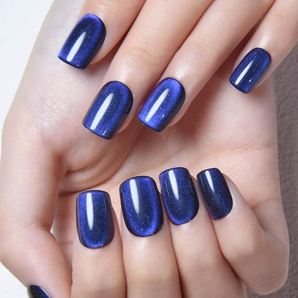 Aqua Blue Cat Eye Press-On Nails - Medium Square Chrome Design | Holographic Glitter Gel Acrylic Reusable