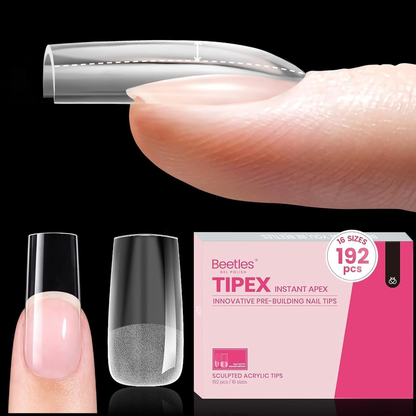 Beetles Instant Apex Nail Tips - Short Oval Acrylic Extensions | 192 Pcs, 16 Sizes 00-14, No Builder Gel Required