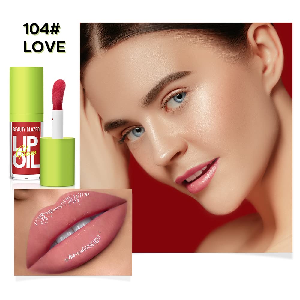 Beauty Glazed Big Brush Head Lip Oil, Ultra-Hydrating & Nourishing, Smooth Glossy Finish Glow Shiny and Vegan Tinted Gloss, Non-Sticky Formula (104# LOVE, 1) 0.14 Fl Oz
