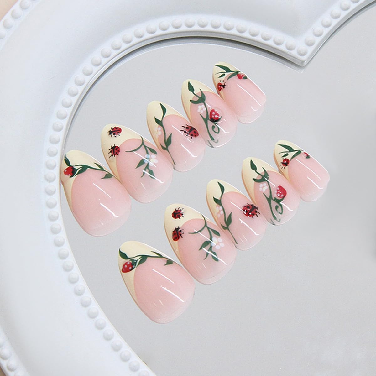 Almond Yellow French Tip Press-On Nails - Ladybug & Green Leaves Design | Reusable Full Cover 24 Pcs for Spring/Summer Manicure