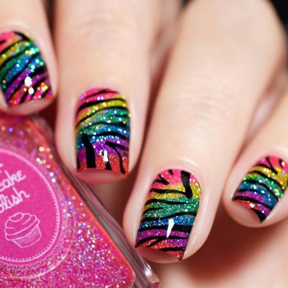 Colorful Gradient Press-On Nails | Medium Coffin Shaped Acrylic Nail Art - 24 Pcs with Rainbow Designs