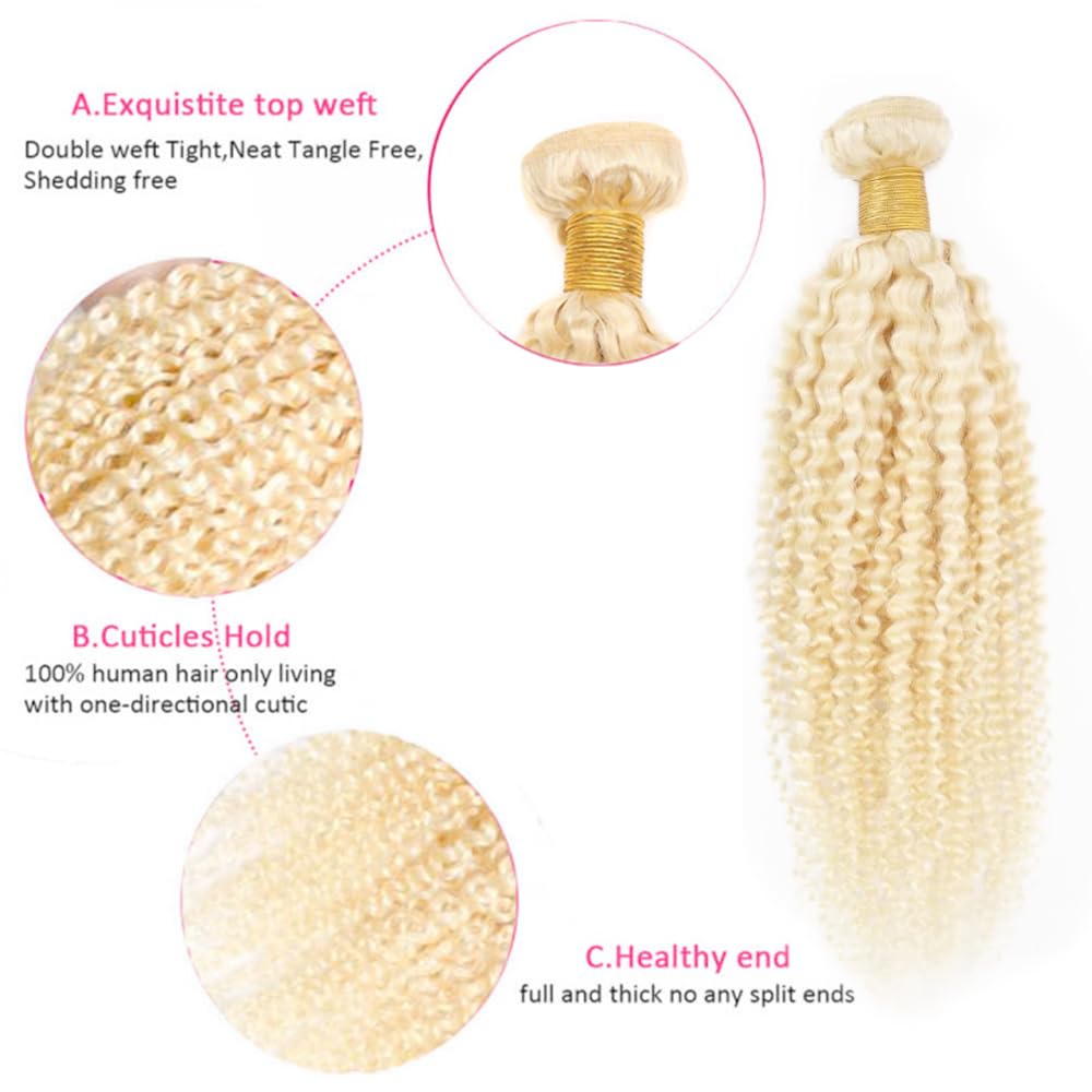 34 inch AuokMar 613 Curly Bundles Human Hair Blonde Kinky Curly 1 Bundles Double Weft 613 Blonde Human Hair Bundle for Women 110g