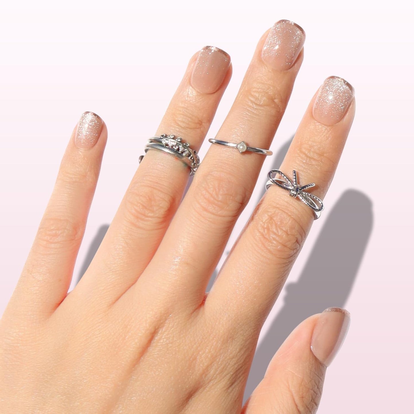Press On Nails - Shimmer Bright Short Square Fake Nails | Brown French Tip on Neutral Base, Velvet Finish - 30 Reusable Nails in 15 Sizes for Women