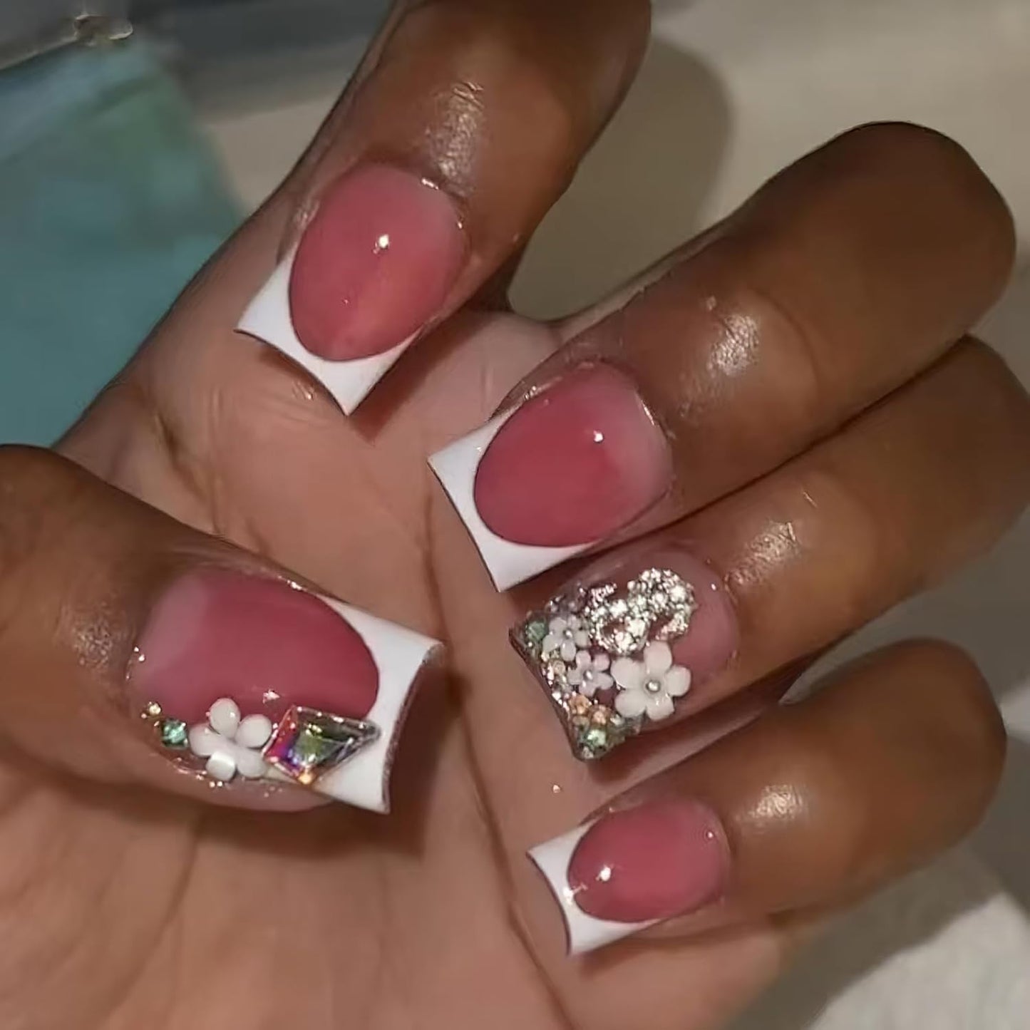 French Tip Press-On Nails - Short Square Design with 3D Flower Charms & Silver Rhinestones | Glossy Nude Pink, 24 Pcs