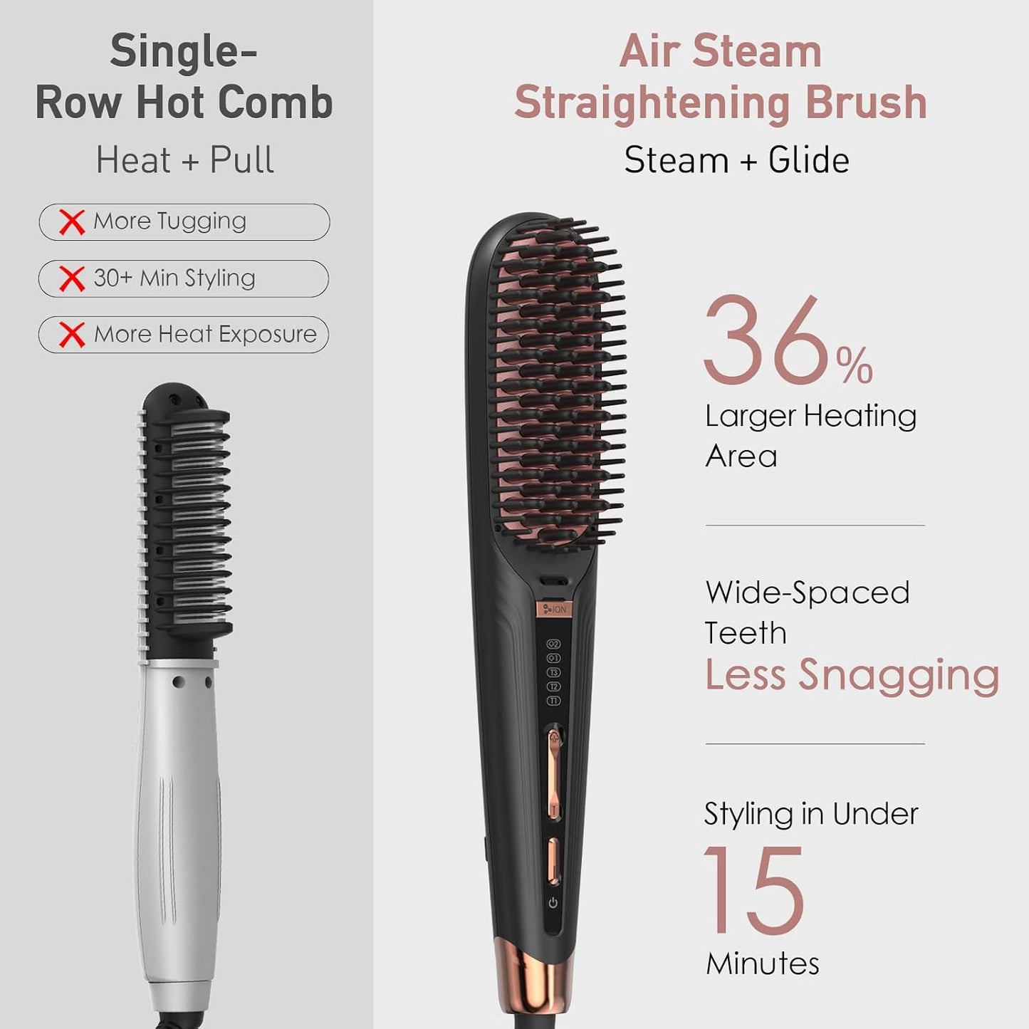 Steam Hair Straightener Brush - Anti-Scald Design, 2 Steam Levels & 3 Heat Settings | Fast Styling, Dual Voltage Black