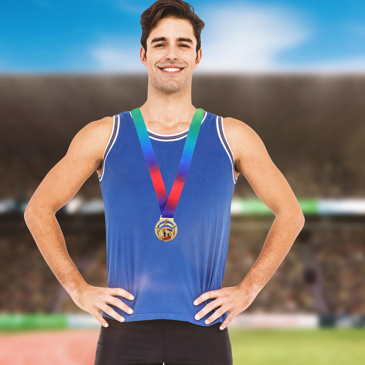 POPETPOP Running Award Medals, Zinc Alloy Gold Track and Field Medals with Neck Ribbon, Gold Fun Run Award for Tournaments Sports Competition Marathon Cross Country, 2.55 Inch
