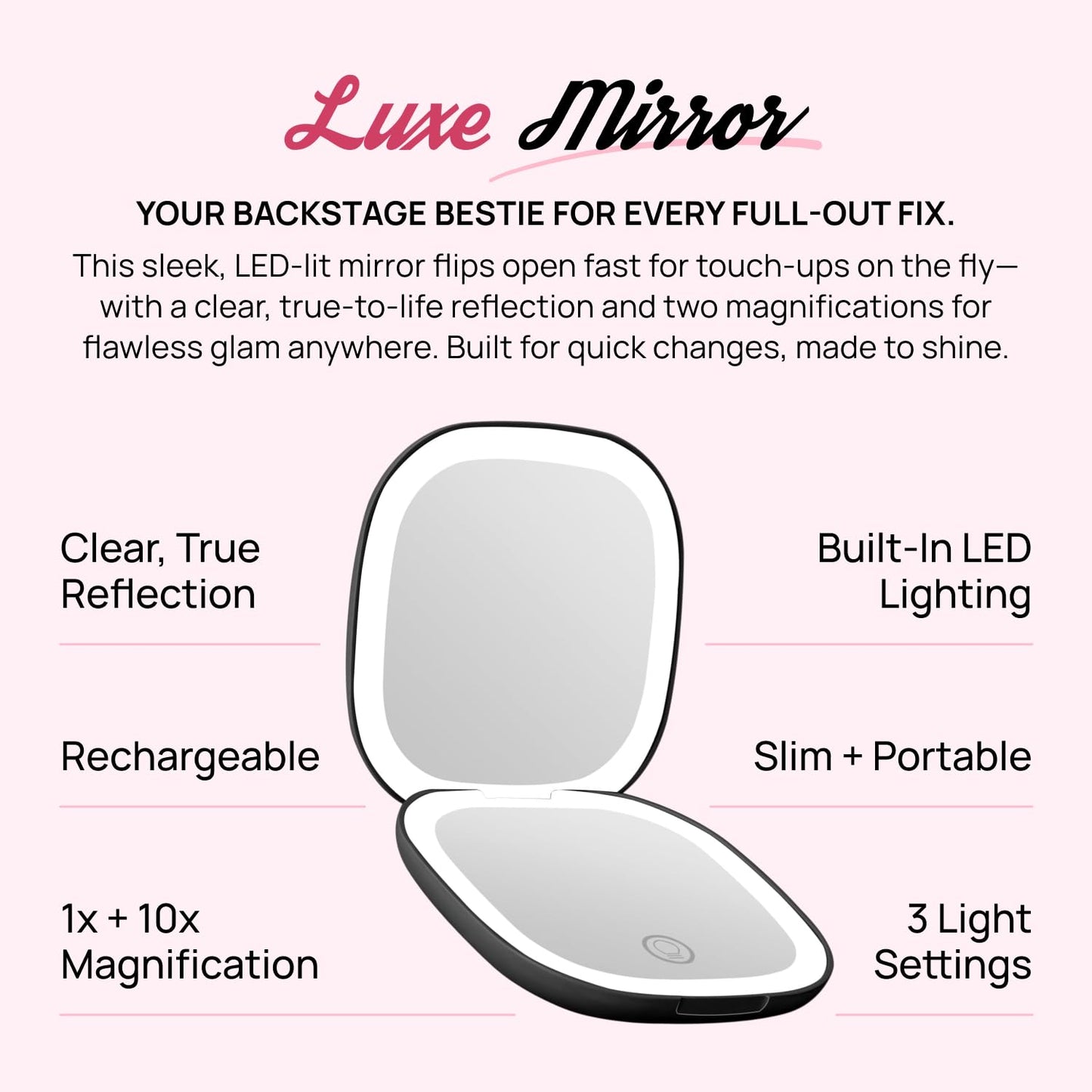 Full Out Glam Lux LED Lighted Compact Mirror | 1X + 10X Magnifying Makeup Mirror with Lights | USB-C Rechargeable & Dimmable for Detailed Touch-Ups