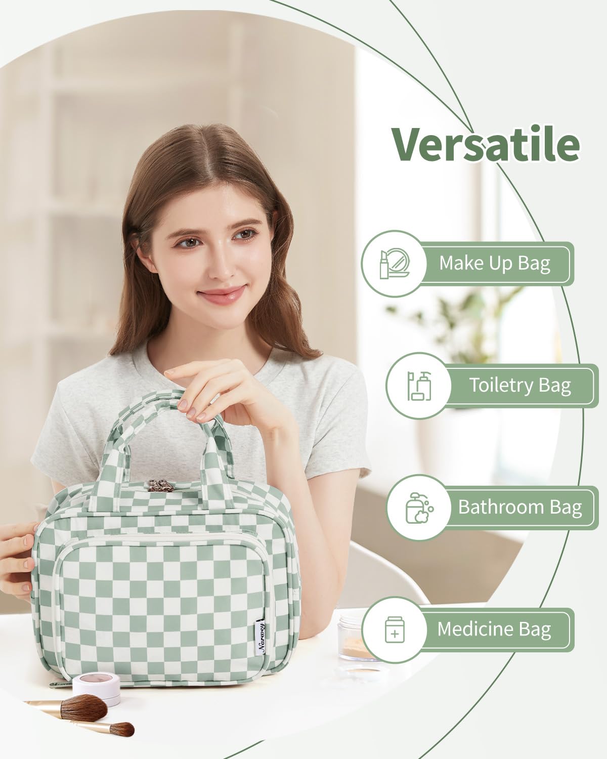Narwey Large Travel Toiletry Bag for Traveling Women, Cosmetic Makeup Bag Make Up Organizer, Checkered Travel Bag for Toiletries with Handle (Mint Green Checkerboard)
