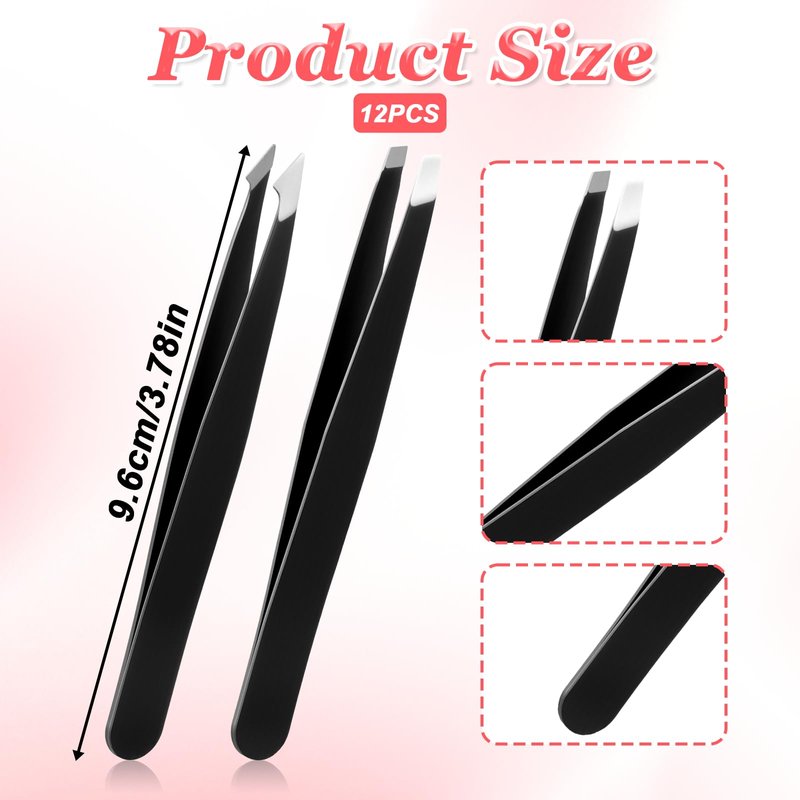 12 Pcs Tweezers Bulk, Stainless Steel Eyebrow Tweezers Slanted Tip Precision Tweezer for Facial Hair Ingrown Hair Blackhead Splinter Removal and Lash Extension for Men Women (Black)