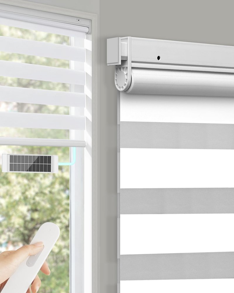 LICHTDIM24 No Drill Motorized Zebra Blinds with Remote,Cordless Shades Dual Layer,Thermal Insulated Upgraded Shades(White,33.5" W x 72" H)